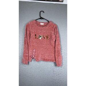 Btween Sweater Girls 12 Pink Love Heart Sequin Chenille Pullover Knit Bow Hem